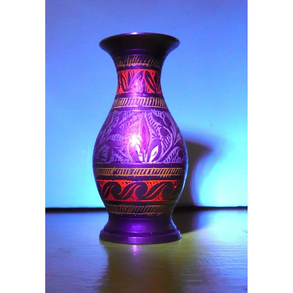 Etched Small Bud Brass Vase With Glow Paint Floral Leaf Design Made In India VTG